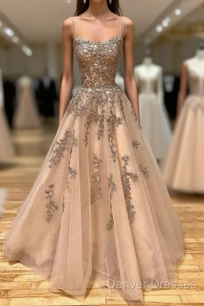 Champagne Lace Tulle Long Prom Dress Formal Evening Dress Ball Gown Main image