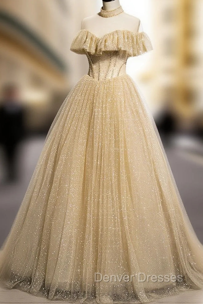 Champagne Long Prom Dress, Aline Champagne Graduation Dress with Beading