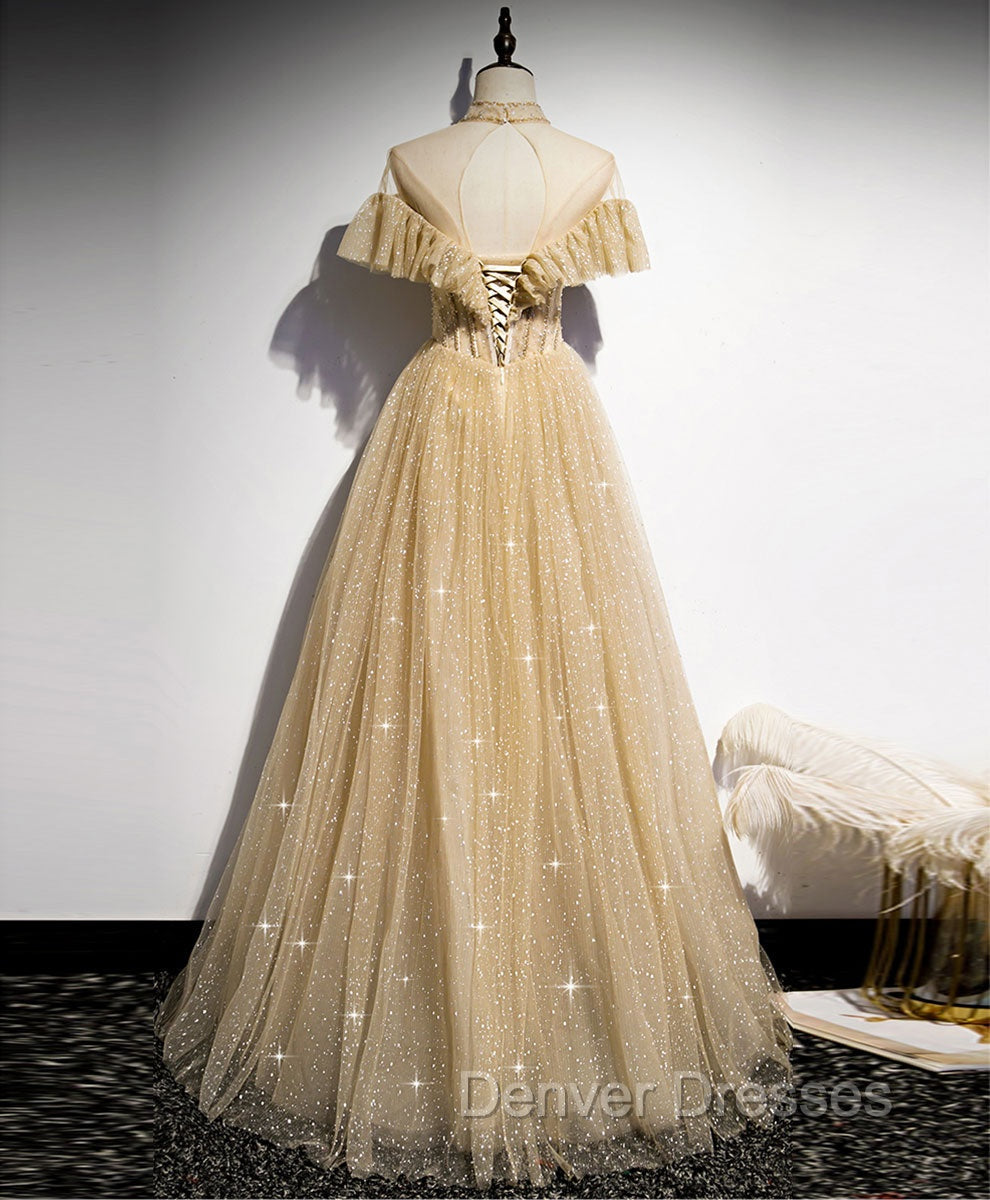 Champagne Long Prom Dress, Aline Champagne Graduation Dress with Beading