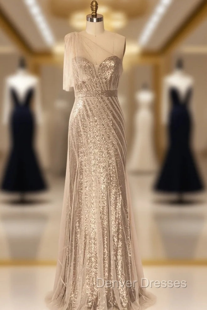 Champagne Long Sheath Evening Dress One Shoulder Sequins Tulle Women