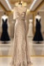 Champagne Long Sheath Evening Dress One Shoulder Sequins Tulle Women