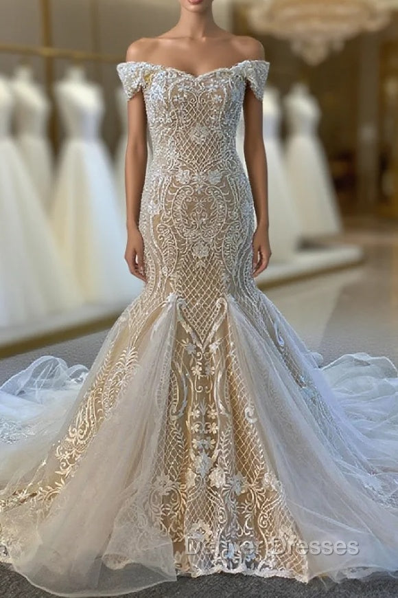 Champagne Mermaid Appliques Beading Wedding Dress Main image