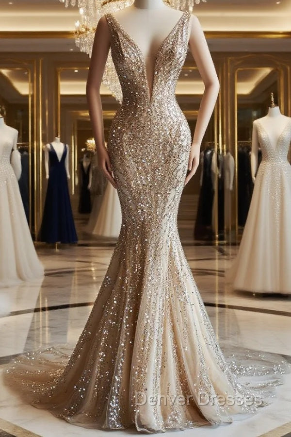 Champagne Mermaid Deep V Neck Tulle Sequin Beaded Long Prom Dress Sexy Evening Dress Main image