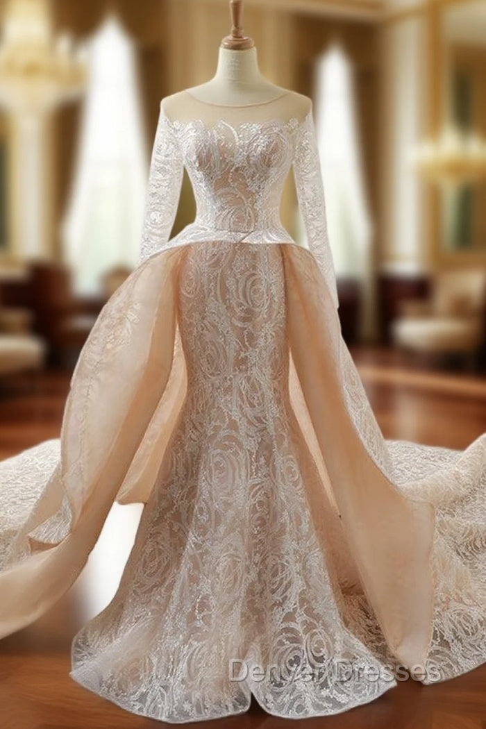 Champagne Mermaid Lace Long Sleeve Backless Train Wedding Dress Main image