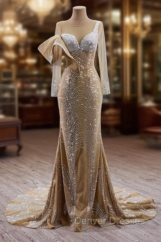 Champagne Mermaid Long Sleeve Beading Prom Dress