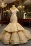 Champagne Mermaid Off the Shoulder Appliques Prom Dress