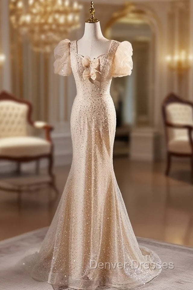 Champagne Mermaid Puff Sleeve Pearls Prom Dress Main image