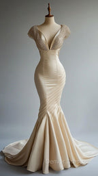 Champagne Mermaid Satin Beaded V-Neck Long Ball Dress, Elegant Evening Dress