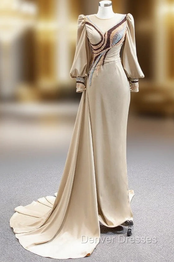 Champagne Mermaid Satin Long Sleeve Beading Prom Dress Main image