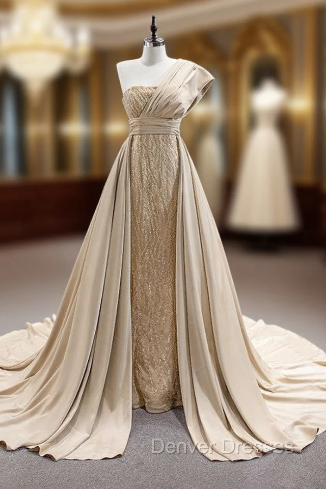 Champagne Mermaid Satin Sequins Beading Prom Dress