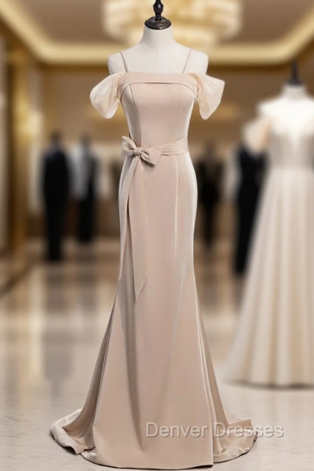 Champagne Mermaid Satin Spagehtti Straps Prom Dress With Sash Main image