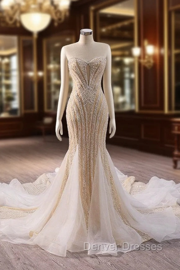 Champagne Mermaid Sequins Beading Prom Dress Main image