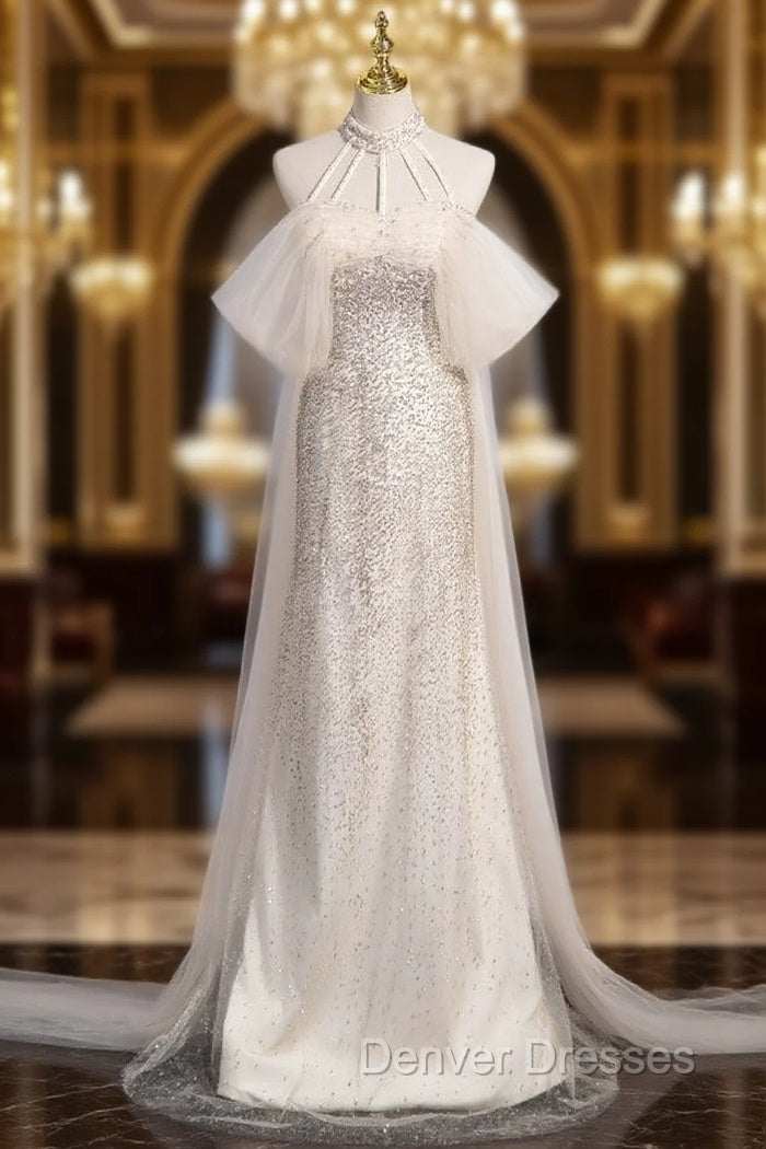 Champagne Mermaid Sequins Halter Prom Dress Main image