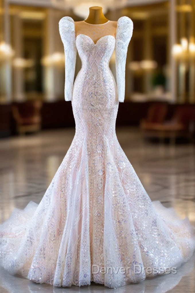 Champagne Mermaid Sequins Long Sleeve Wedding Dress Main image