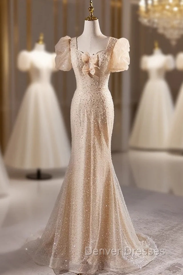 Champagne Mermaid Sequins Puff Sleeve Prom Dress