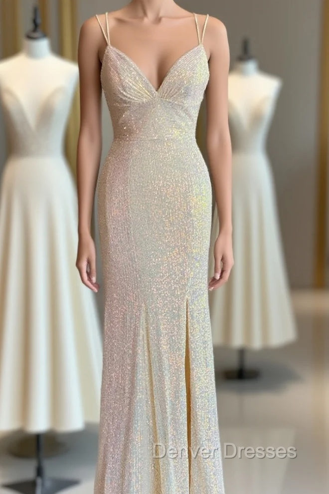 Champagne Mermaid Sequins Spaghetti Straps Prom Dress