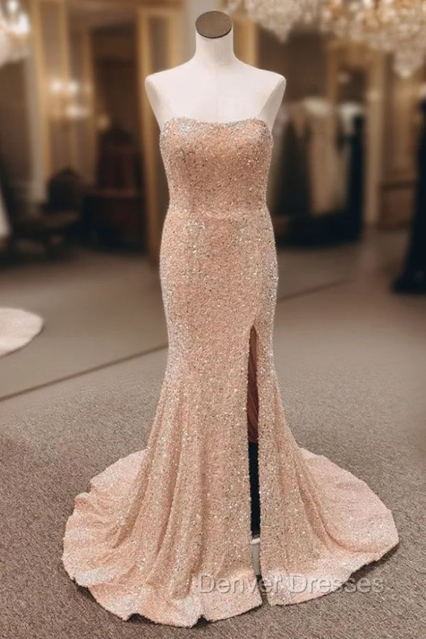 Champagne Mermaid Sequins Strapless Split Prom Dress Main image