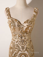 Champagne Mermaid Sequins Straps Evening Dress, Champagne Sequins Prom Dress