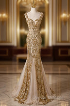 Champagne Mermaid Sequins Straps Evening Dress, Champagne Sequins Prom Dress