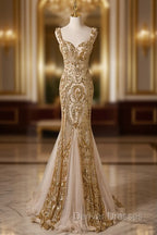 Champagne Mermaid Sequins Straps Evening Dress, Champagne Sequins Prom Dress