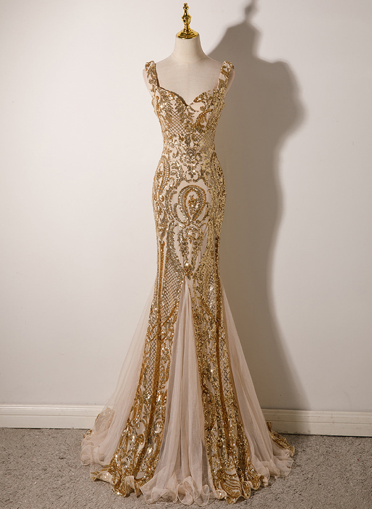Champagne Mermaid Sequins Straps Long Party Dress, Champagne Prom Dress Main image