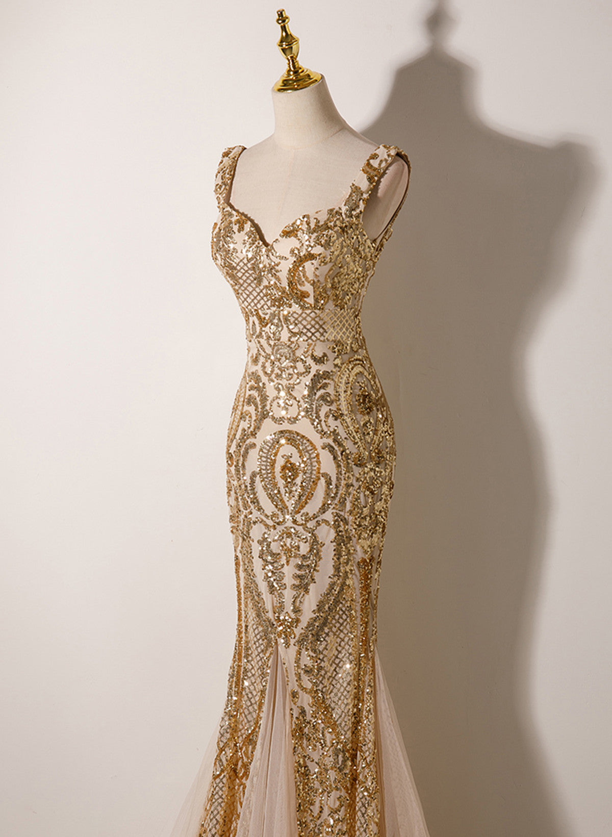 Champagne Mermaid Sequins Straps Long Party Dress, Champagne Prom Dress Secondary image