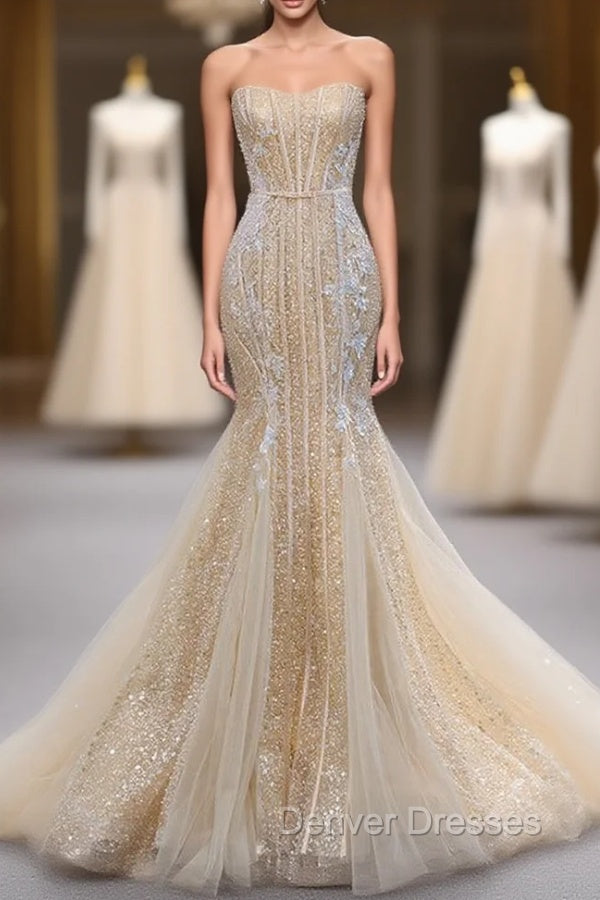 Champagne Mermaid Sequins Tulle Strapless Appliques Prom Dress Main image