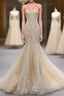 Champagne Mermaid Sequins Tulle Strapless Appliques Prom Dress