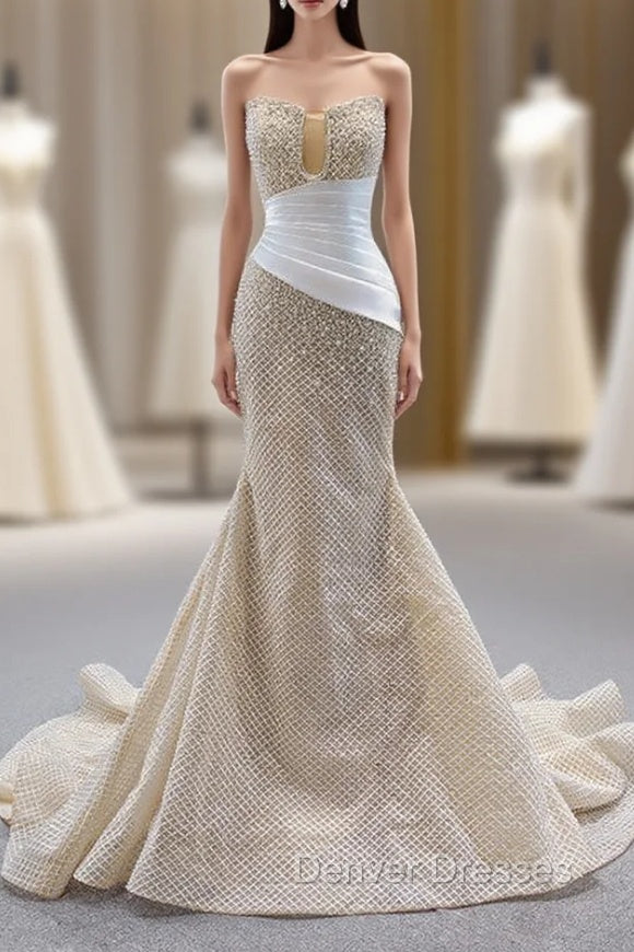 Champagne Mermaid Strapless Pearls Prom Dress Main image