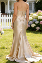 Champagne Mermaid Strapless Pleated Corset Long Prom Dress with Slit
