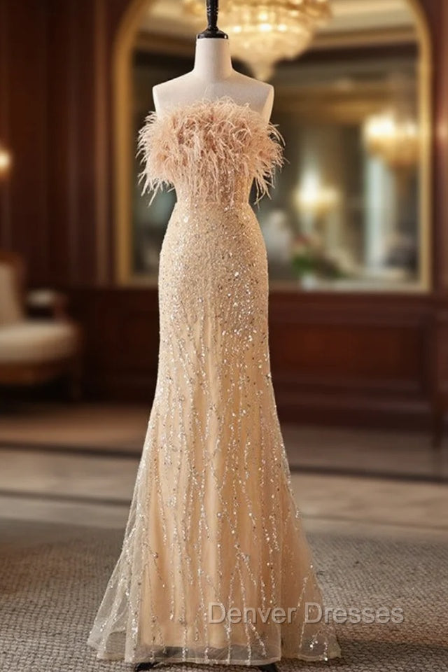 Champagne Mermaid Strapless Sequins Feather Prom Dress