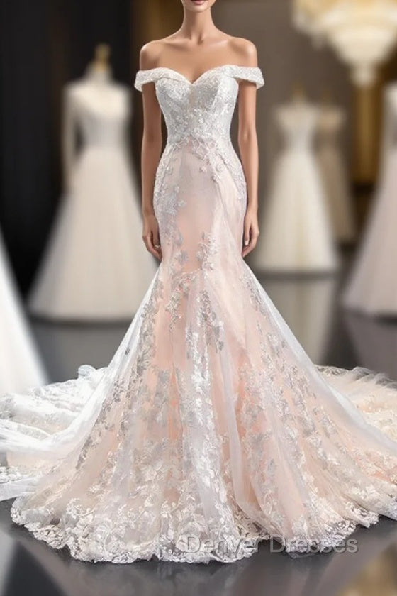 Champagne Mermaid Tulle Appliques Off the Shoulder Wedding Dress With Train