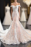 Champagne Mermaid Tulle Appliques Off the Shoulder Wedding Dress With Train