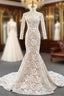 Champagne Mermaid Tulle Lace Flower Long Sleeve Prom Dress
