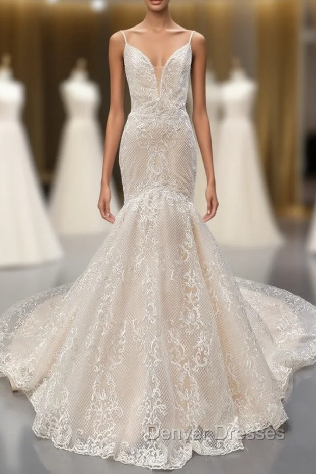 Champagne Mermaid Tulle Lace Spaghetti Straps Wedding Dress Main image