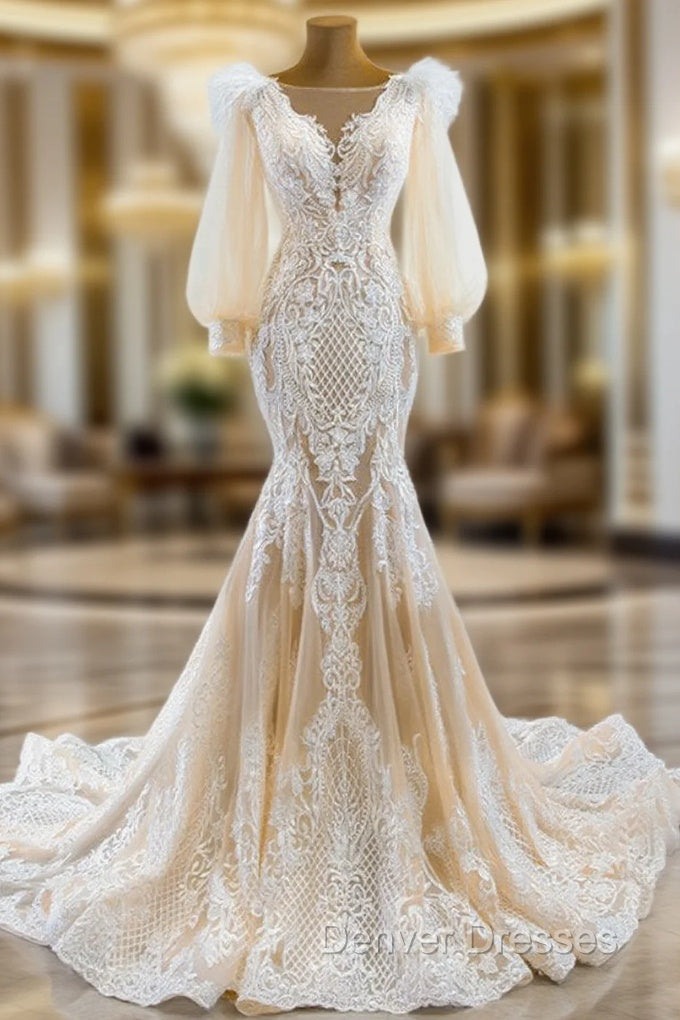 Champagne Mermaid Tulle Long Sleeve Appliques Prom Dress