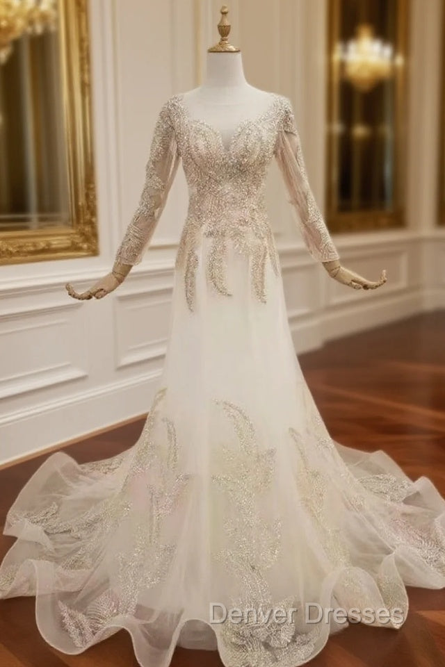 Champagne Mermaid Tulle Long Sleeve Prom Dress With Beading