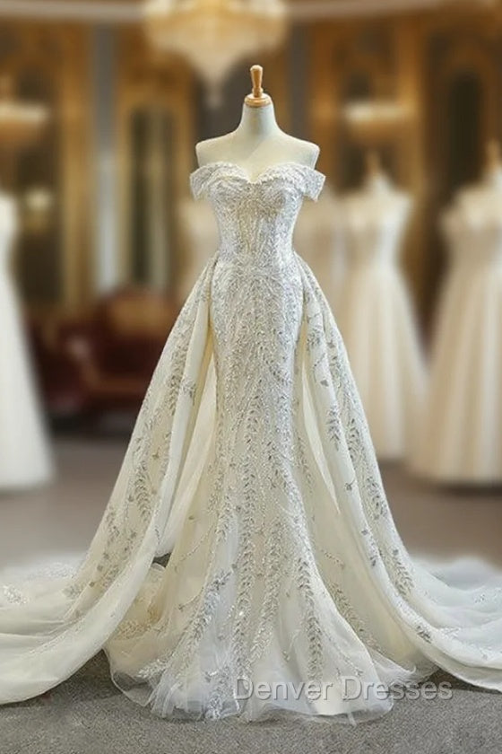 Champagne Mermaid Tulle Off the Shoulder Beading Sequins Prom Dress With Removable Train Main image