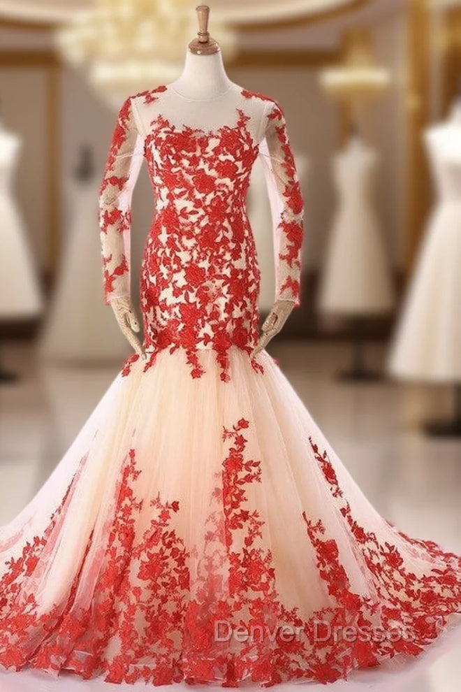 Champagne Mermaid Tulle Res Appliques Long Sleeve Evening Dress Main image