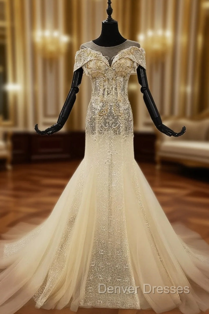 Champagne Mermaid Tulle Sequins Cap Sleeve Beading Crystal Wedding Dress