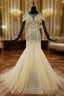 Champagne Mermaid Tulle Sequins Cap Sleeve Beading Crystal Wedding Dress