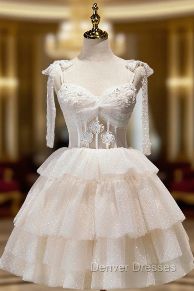 Champagne Mini/Short Prom Dress, Puffy Cute Homecoming Dress With Lace