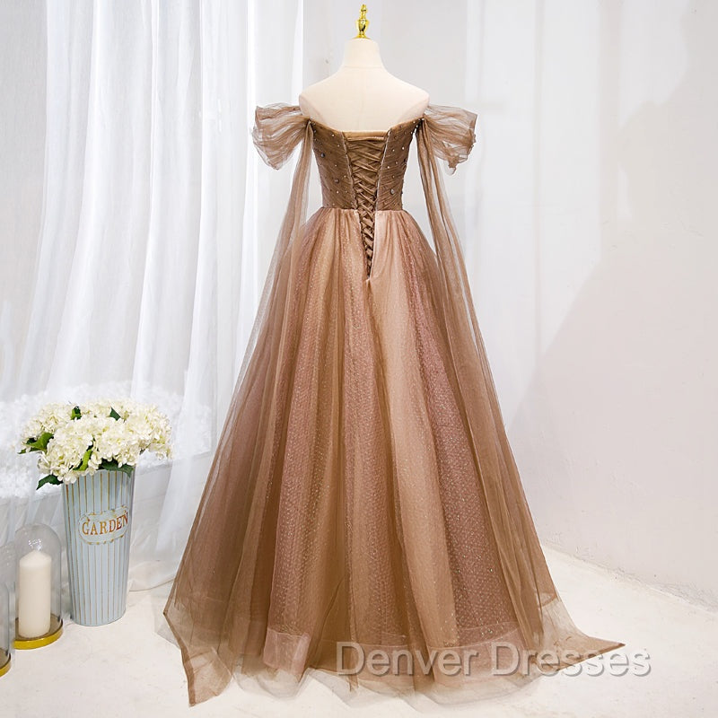 Champagne Off Shoulder Beaded A-line Tulle Long Party Dress, Long Evening Gown