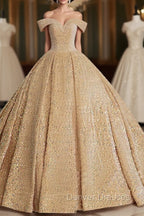 Champagne Off Shoulder Sequin Long Prom Dress, Champagne Formal Dress