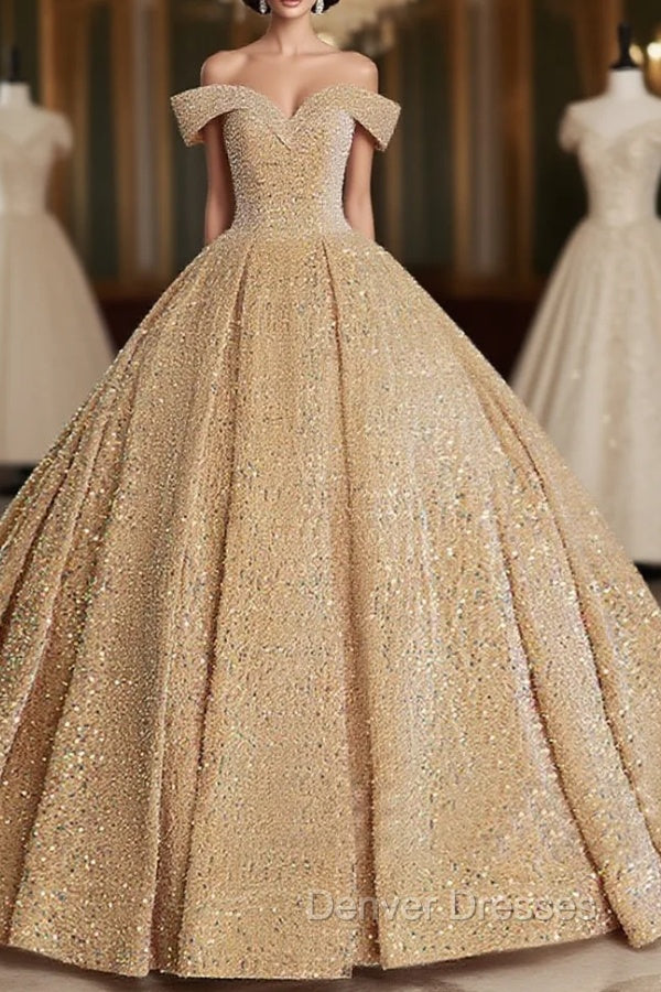 Champagne Off Shoulder Sequin Long Prom Dress, Champagne Formal Dress
