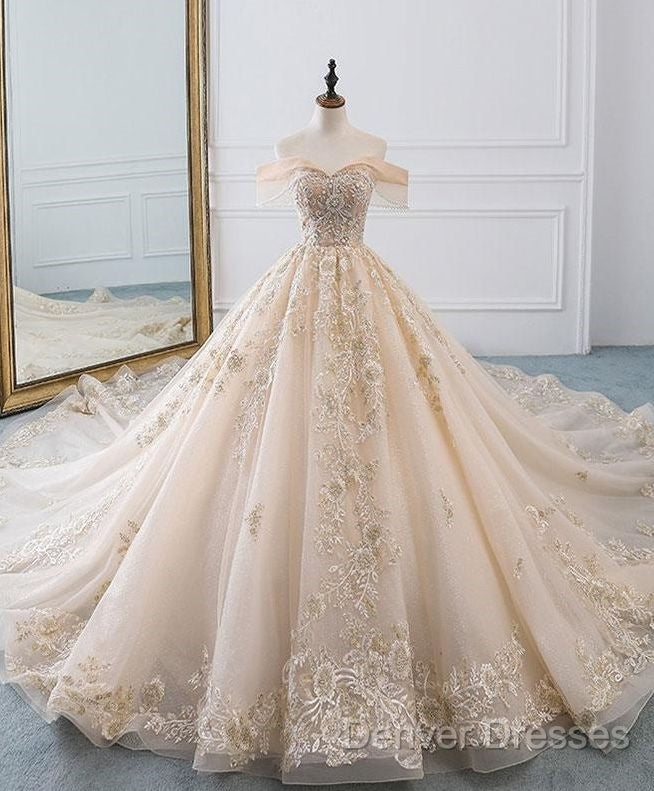 Champagne Off Shoulder Tulle Lace Long Wedding Dress, Wedding Gown Prom Dress Secondary image