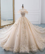 Champagne Off Shoulder Tulle Lace Long Wedding Dress, Wedding Gown Prom Dress