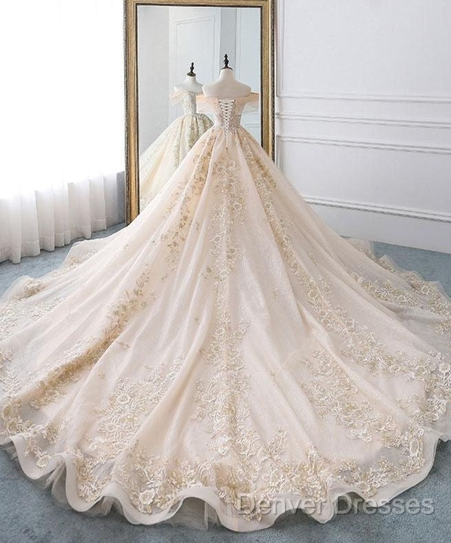 Champagne Off Shoulder Tulle Lace Long Wedding Dress, Wedding Gown Prom Dress