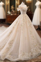Champagne Off Shoulder Tulle Lace Long Wedding Dress, Wedding Gown Prom Dress