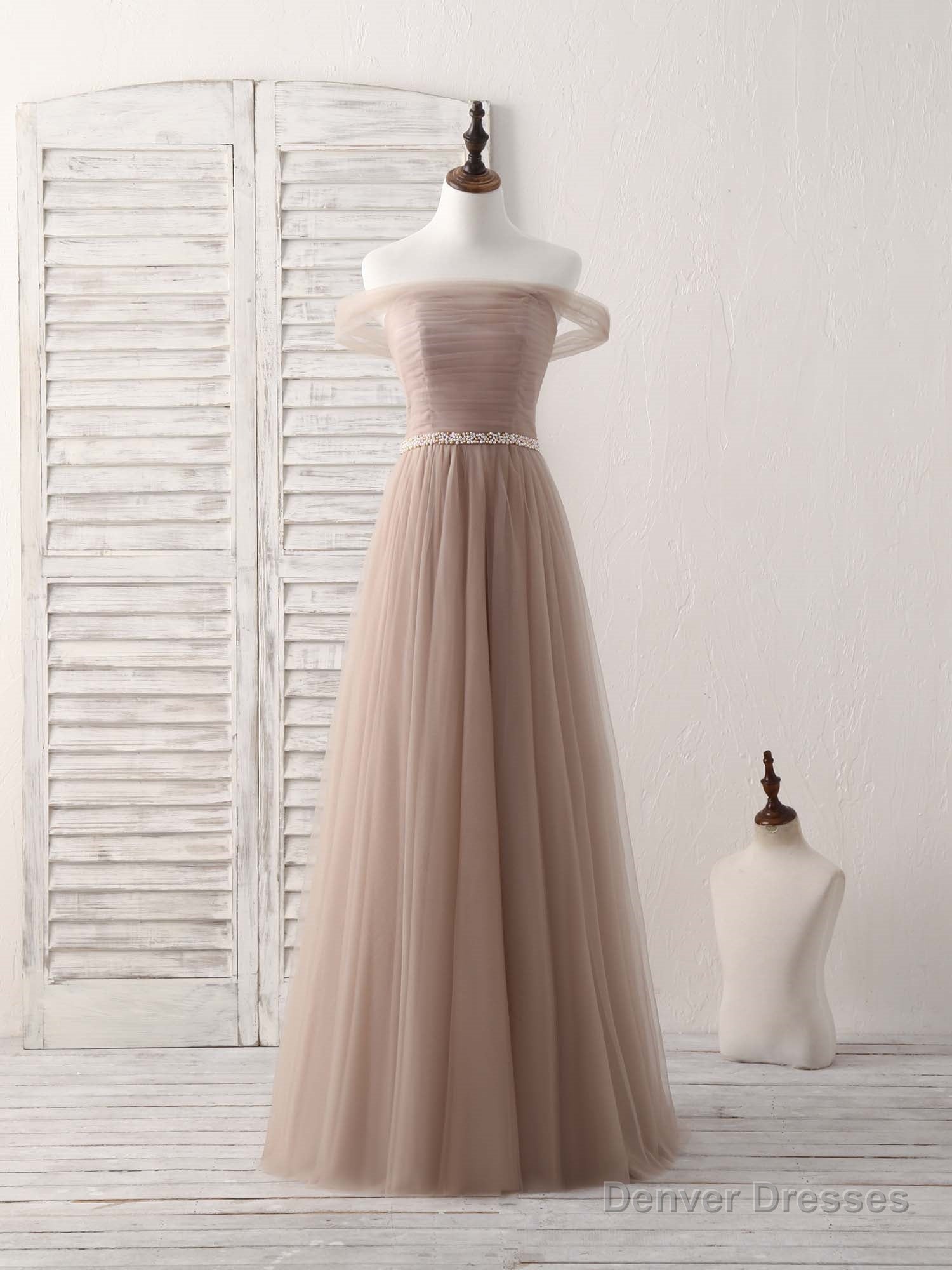 Champagne Off Shoulder Tulle Long Prom Dress, Champagne Evening Dress Main image